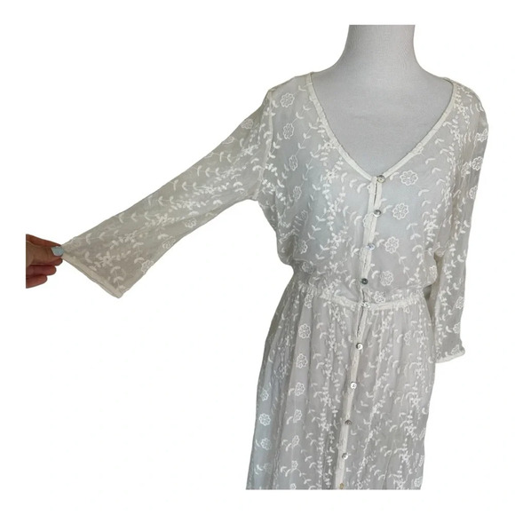White Lacy Embroidered Maxi Dress Festival Summer Boho Kimono Medium - Picture 6 of 11